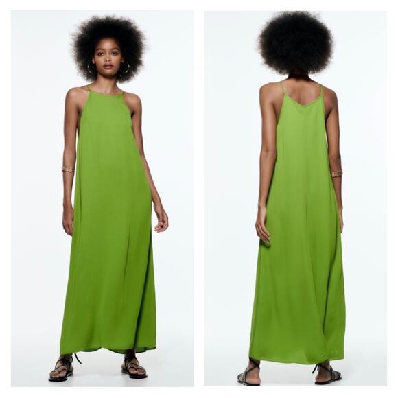 ZARA Midi Slip Dress Women Small Green Sleeveless A-line Strappy High Neck Satin - Picture 2 of 16